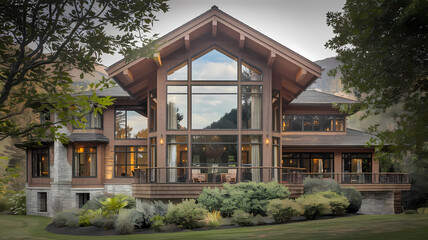 Modern wooden home with large glass windows, surrounded by lush greenery and mountains, showcasing contemporary architecture and inviting outdoor spaces.