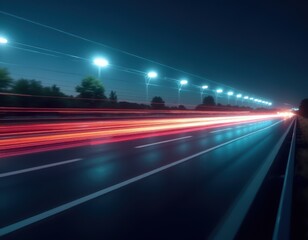 Abstract light-filled background illustrating rapid movement on a road, symbolizing speed, modern technology, and dynamic energy