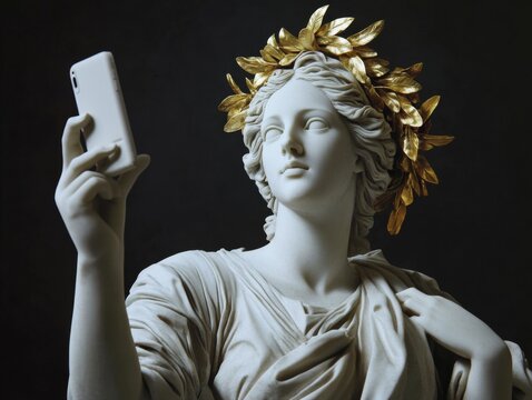 A classical-style statue of a woman adorned with a golden leaf crown is holding a smartphone, capturing a selfie in a softly lit environment. - Powered by Adobe