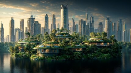 Sustainable Eco Friendly Cityscape with Rooftop Gardens and Solar Panels