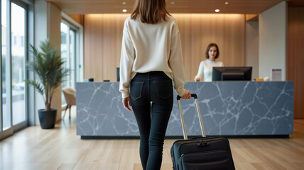 A traveler checking into a modern hotel with a suitcase, capturing the essence of hospitality. Suitable for travel websites, marketing materials, and hotel promotions