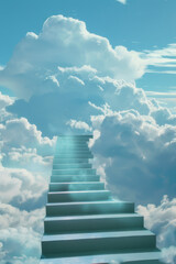 Surreal staircase ascending into a vibrant blue sky with fluffy white clouds, symbolizing hope and dreams.