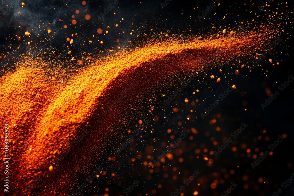 Poster An abstract depiction of fine orange powder being dynamically tossed, creating a wave-like pattern against a dark contrasting background creating a vibrant effect.