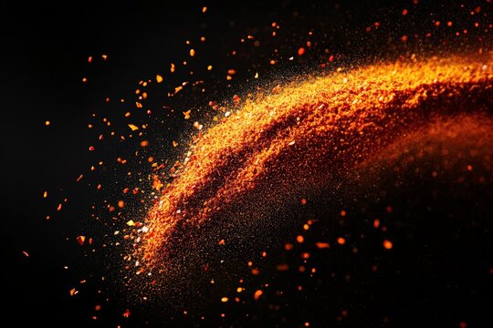 A dynamic burst of vibrant orange particles captured in motion, creating a stunning visual effect against a dark background in a high-speed photography style.
