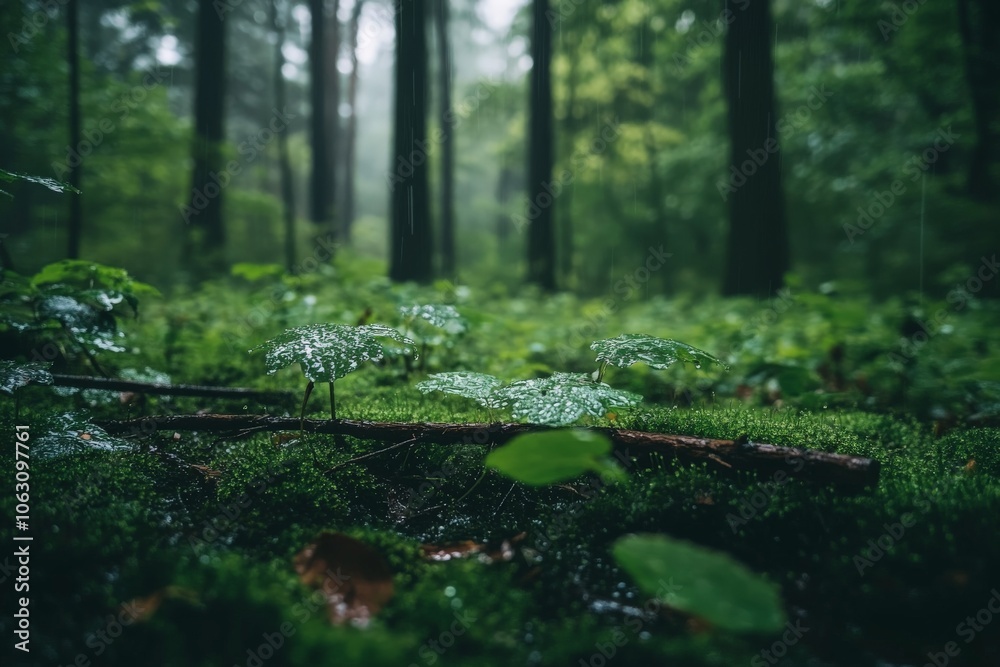 Poster a beautifully detailed forest floor covered in moss and delicate green plants, illuminated by soft l