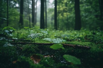 Fototapeta premium A beautifully detailed forest floor covered in moss and delicate green plants, illuminated by soft light filtering through the canopy, creating a serene atmosphere.