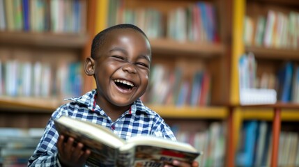 A cheerful young boy smiles widely as he reads an exciting book, fully engaged in the story. Surrounded by tall shelves filled with various books, his laughter fills the space with joy