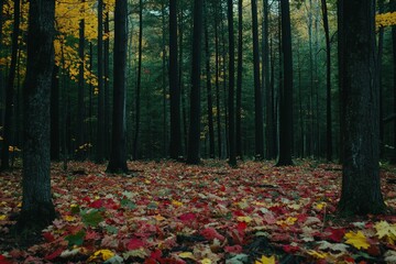 Colorful autumn leaves covering the forest floor create a beautiful mosaic amid tall trees, capturing the essence of a peaceful and reflective woodland atmosphere.