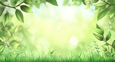 Fototapeta premium Green leaves frame a blurry, bright background with a lush grass foreground.