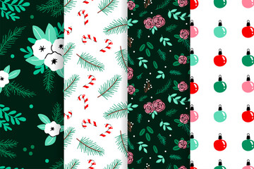 Vector set of Christmas seamless patterns with flowers, winter greenery, christmas ornaments, bows, candy cane. Perfect for holiday wrapping paper