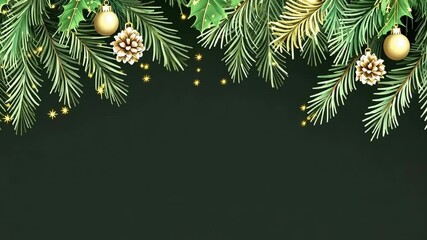 Green pine branches with gold ornaments and pine cones hang over a dark green background with gold sparkles