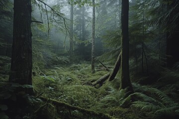Obraz premium A serene misty forest view showcasing elegantly tall trees covered in moss, surrounded by rich green ferns, creating a tranquil natural setting.