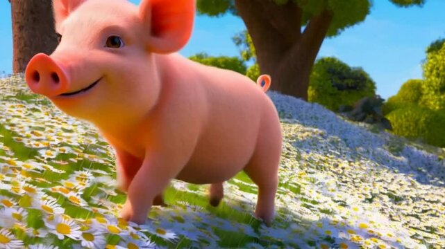 An orange pig running in the garden