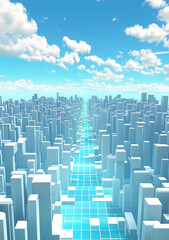 Obraz premium Futuristic cityscape with blue geometric buildings and clear sky, creating serene and expansive atmosphere. vibrant colors evoke sense of innovation and tranquility