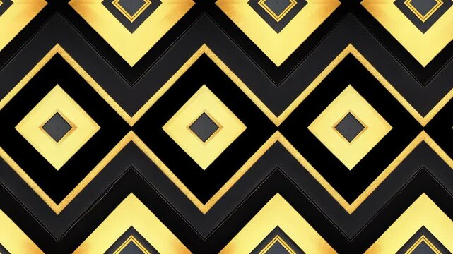 A black and gold geometric pattern with overlapping squares and diamonds