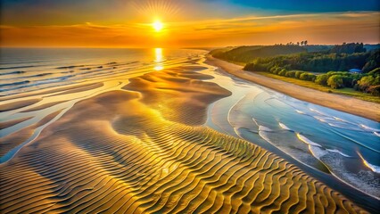 Natural Sandy Patterns at Coxs Bazar Sea Beach, Bangladesh - A Captivating View of Textured Sand Formations Under the Golden Sunlight by the Tranquil Sea Waves