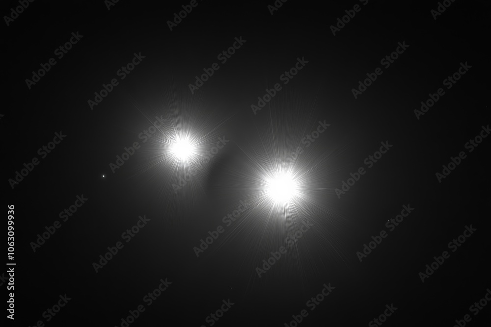 Poster This image captures two bright celestial objects emitting brilliant light in a vast, dark space, symbolizing cosmic duality and stellar beauty, enhanced by lens flare.