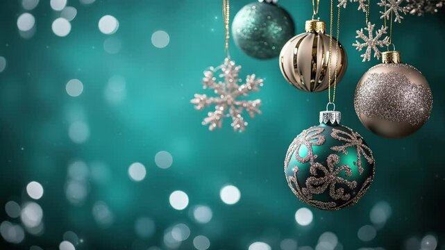 Christmas background and gold gift boxes. Christmas ornaments and snowflakes. New Year or Christmas concept. Greeting card template. Christmas theme and New Year's background. Copy space area