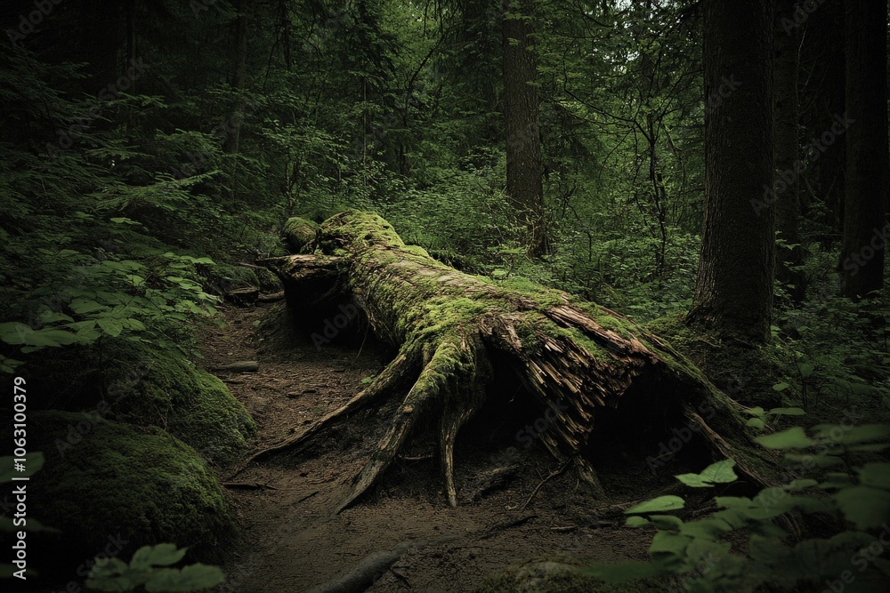 Poster atmospheric shot of an ancient, mossy tree trunk nestled within a dense forest, surrounded by vibran