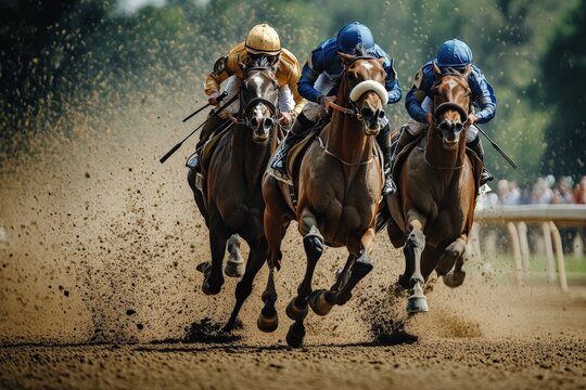 Thrilling action shot of three racehorses neck and neck on a dirt track, showcasing the competition and power inherent in horse racing.