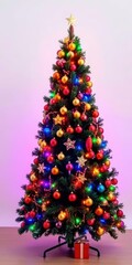Beautiful and vibrant Christmas tree adorned with colorful ornaments and twinkling lights, standing tall against a clean white background, seasonal