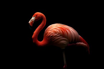 An elegant flamingo, beautifully poised in a dramatic spotlight, displays its vibrant plumage, epitomizing grace and the mesmerizing allure of the natural world.