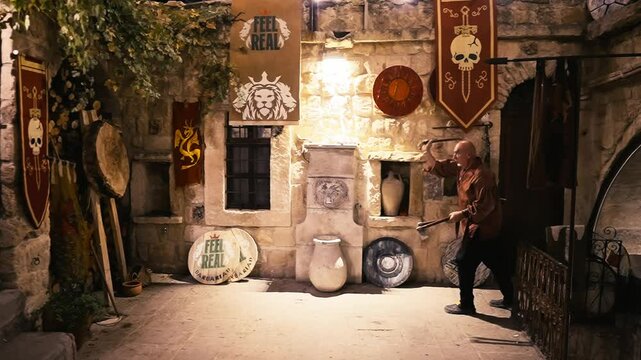 Man Throwing Axe on Wooden Target in Interior of Medieval Castle, Slow Motion, pagan barbarian culture concept