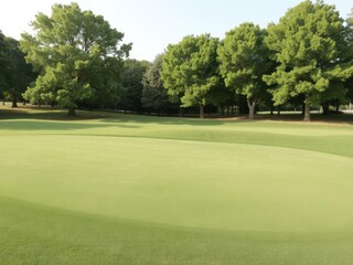 Beautiful green golf course with perfectly maintained lawn and lush trees in the background, manicured