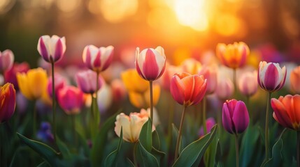 Fototapeta premium A stunning sunset backdrop illuminating a colorful tulip