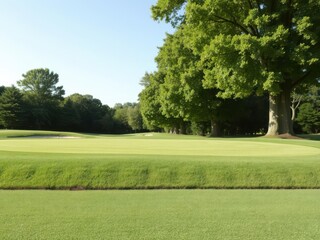 Fototapeta premium Beautiful green golf course with perfectly maintained lawn and lush trees in the background, peaceful, vibrant