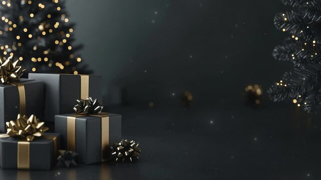 New Year or Christmas concept. Christmas tree decoration and gift boxes. Christmas theme and New Year's background. Christmas ornaments and New Year border decoration. Greeting card. Copy space area 