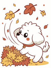 Playful puppy with big eyes who happily plays with autumn leaves