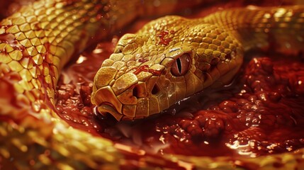 Obraz premium Hemotoxic Venom: Found in rattlesnakes, this venom disrupts blood clotting and breaks down red blood cells, leading to significant tissue damage and necrosis. 