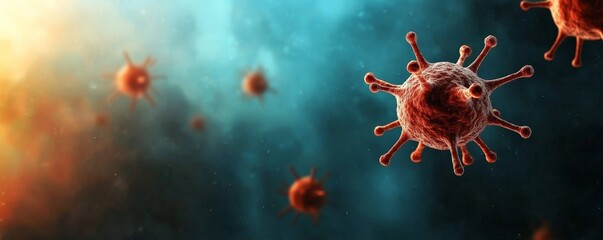 Abstract illustration of virus particles floating in a colorful background, emphasizing the complexity and scale of microscopic organisms.