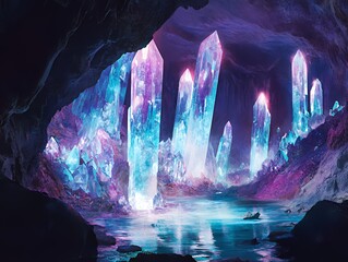 A mystical cave with glowing blue and purple crystals reflecting in a still lake.