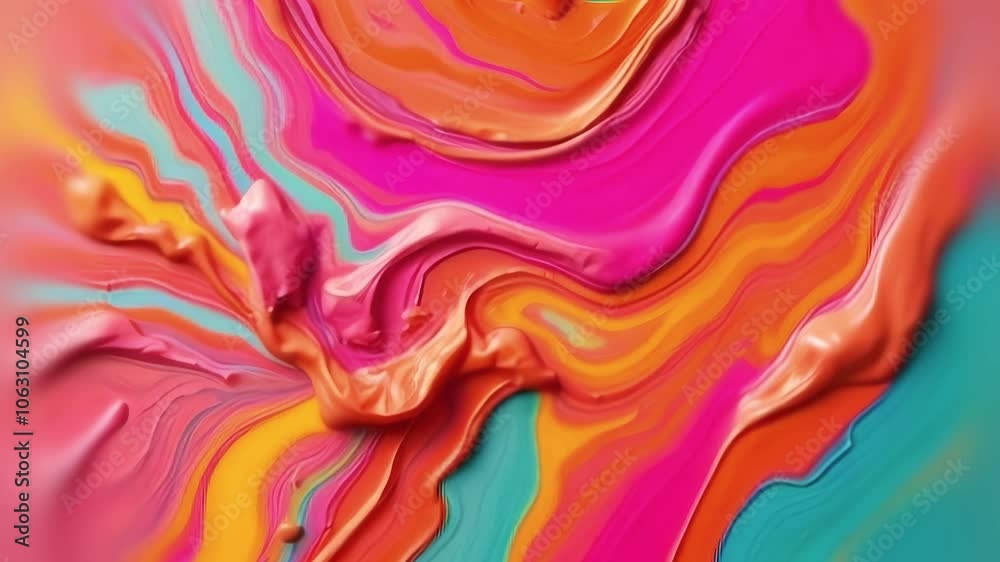 Poster Paint flows in a combination of orange blue and pink colors to create a dynamic abstract background