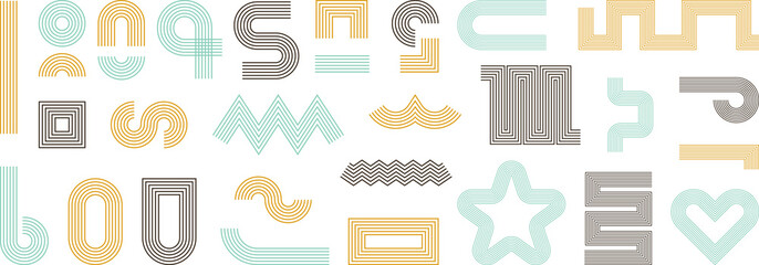 Line geometric arch and circle abstract shapes, retro elements for web, vintage. Brutalist, Contemporary mid century line design. Trendy geometric shapes collection.