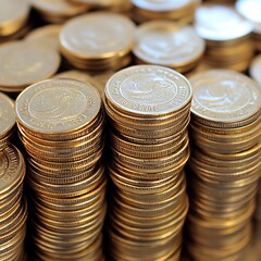 Stacks of shiny coins organized in neat piles for currency representation.