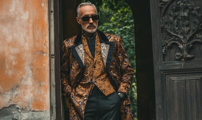 Man in patterned coat stands by a door.