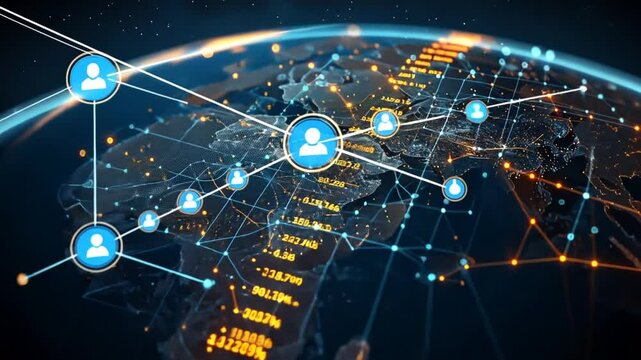 A digital representation showcases a global network with user icons connected by lines, emphasizing real-time data points across various regions, illustrating interconnectivity