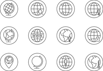 World globe line icon. Earth global country map sign. Travel internet globe collection.