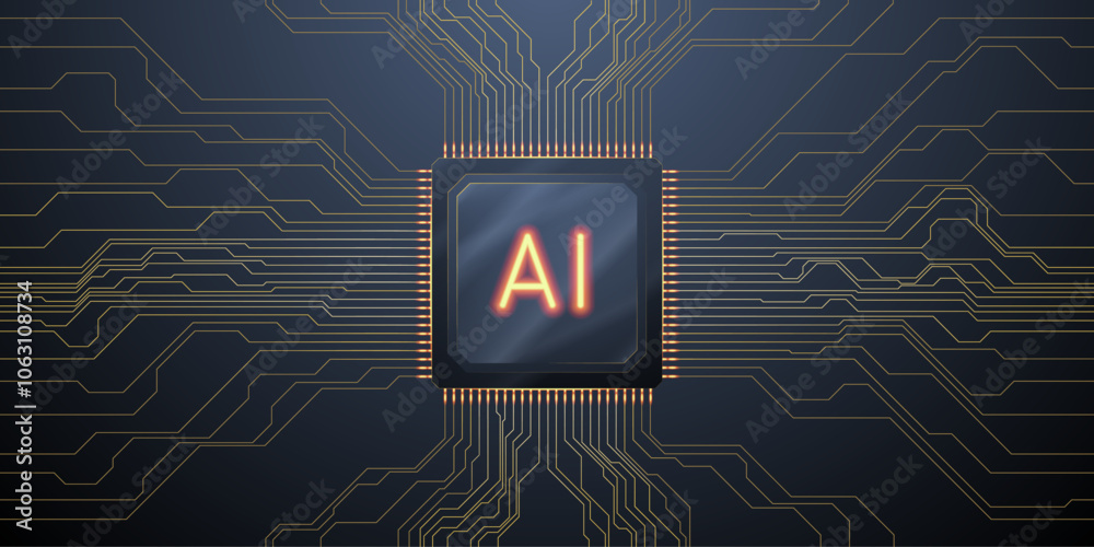 Poster AI semiconductor with neon yellow artificial intelligence logo in the center of dark technology background with golden thin lines and electronics elements. Luxury tech bg. AI chip. Vector illustration