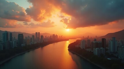 Fototapeta premium City Sunset with River View and Distant Mountains Framing the Horizon