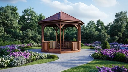 Obraz premium Serene Wooden Gazebo in Colorful Flower Garden