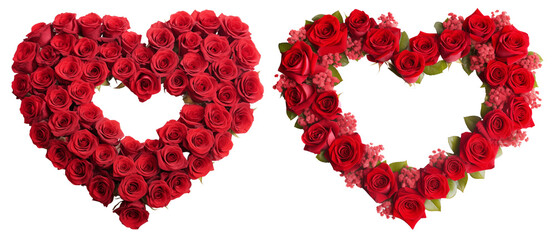 Set of two heart shaped wreaths made of red roses, symbolizing love and affection. Perfect for romantic occasions and celebrations, transparent background PNG cutout.