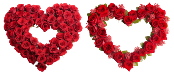 Set of two heart shaped wreaths made of red roses, symbolizing love and affection. Perfect for romantic occasions and celebrations, transparent background PNG cutout.