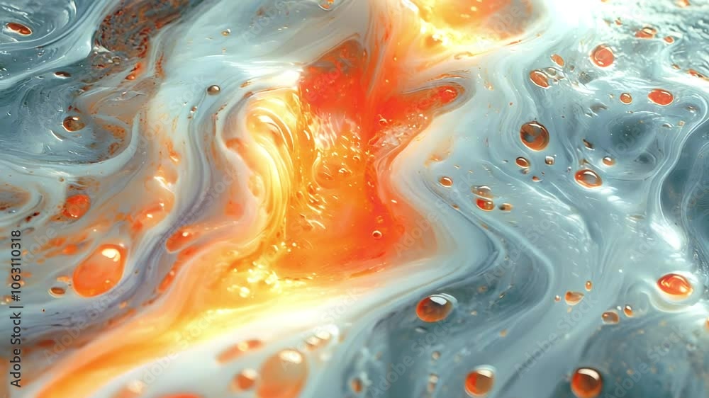 Poster Smooth animation of flowing green thick liquid with colored bubbles and orange swirls in an abstract environment