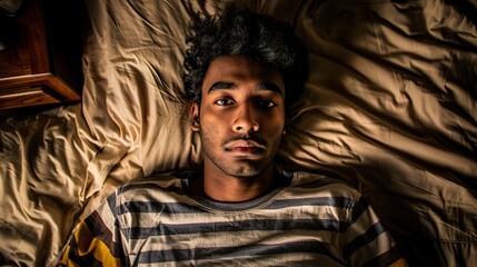 Man lying in bed with wide-open eyes, showing deep concern and fatigue, unable to sleep in dimly lit room with soft glow from nightstand lamp.