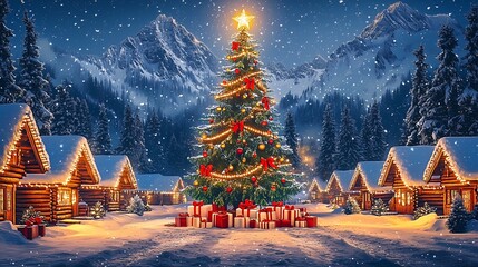 Christmas tree with ornaments and presents in a snowy village with mountains in the background.