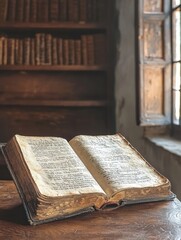 Obraz premium Antique Bible Opened on Wooden Desk in Sunlit Study